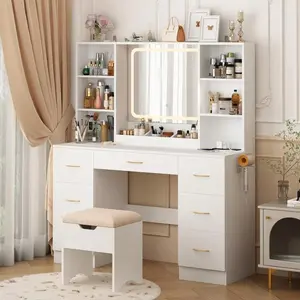 47" Large Vanity Desk With Mirror And Lights, LED Black Vanity Set With Stool And Power Outlet, Lighted Make Up Vanity Desk With Drawers And 3 Lighting Modes For Women, Girls