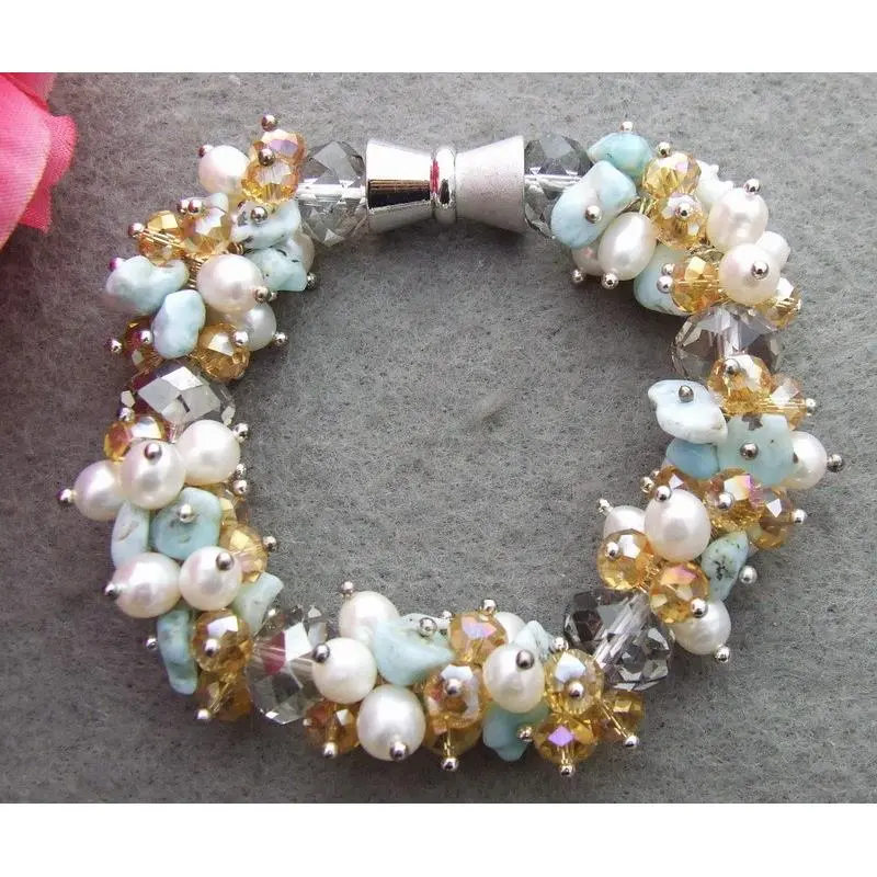 natural blue Larimar Chip White Pearl Crystal Bracelet 8" mangnet clasp