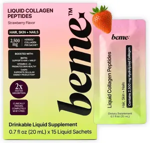 BeMe Liquid Collagen Peptides for Hair, Skin & Nails with VERISOL - Drink Supplement for Youthful-looking Skin, Stronger Nails & Radiant Hair - 15 Sachets in Strawberry Flavor. 20ml Liquid Sachets