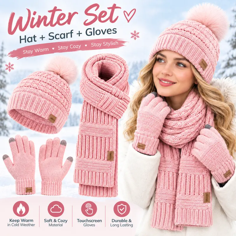 Unisex 3-Piece Winter Warm Cable Knit Fleece Accessories Set - Beanies, Scarf, Touchscreen Gloves, Double-Layered Brim, High Elasticity, Ideal for Daily Wear, Outdoor Use, 2026 Christmas Women's Gift