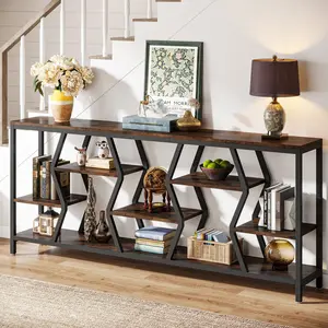 Spaco 70.9" Industrial Console Table - 4-Tier Wood Storage, Metal Frame Narrow Sofa Side Table with Modern Accent Design for Living Room, Entryway Organizer, Modern Accent Table