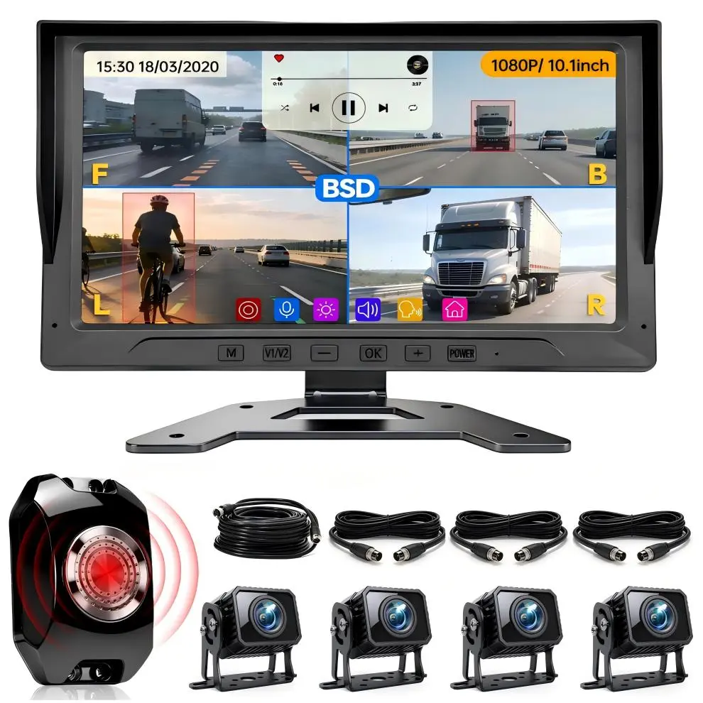 ConewVehicle Wired Backup Camera System,10.1-inch 1080P Quad Split Monitor with 4CH Rear/Side View AHD Cameras for RV Truck Bus Trailer Camper,BSD Audible Alarm,MP5 Player,DVR Recording,IP69 Waterproof,Infrared Night Vision,Easy Install