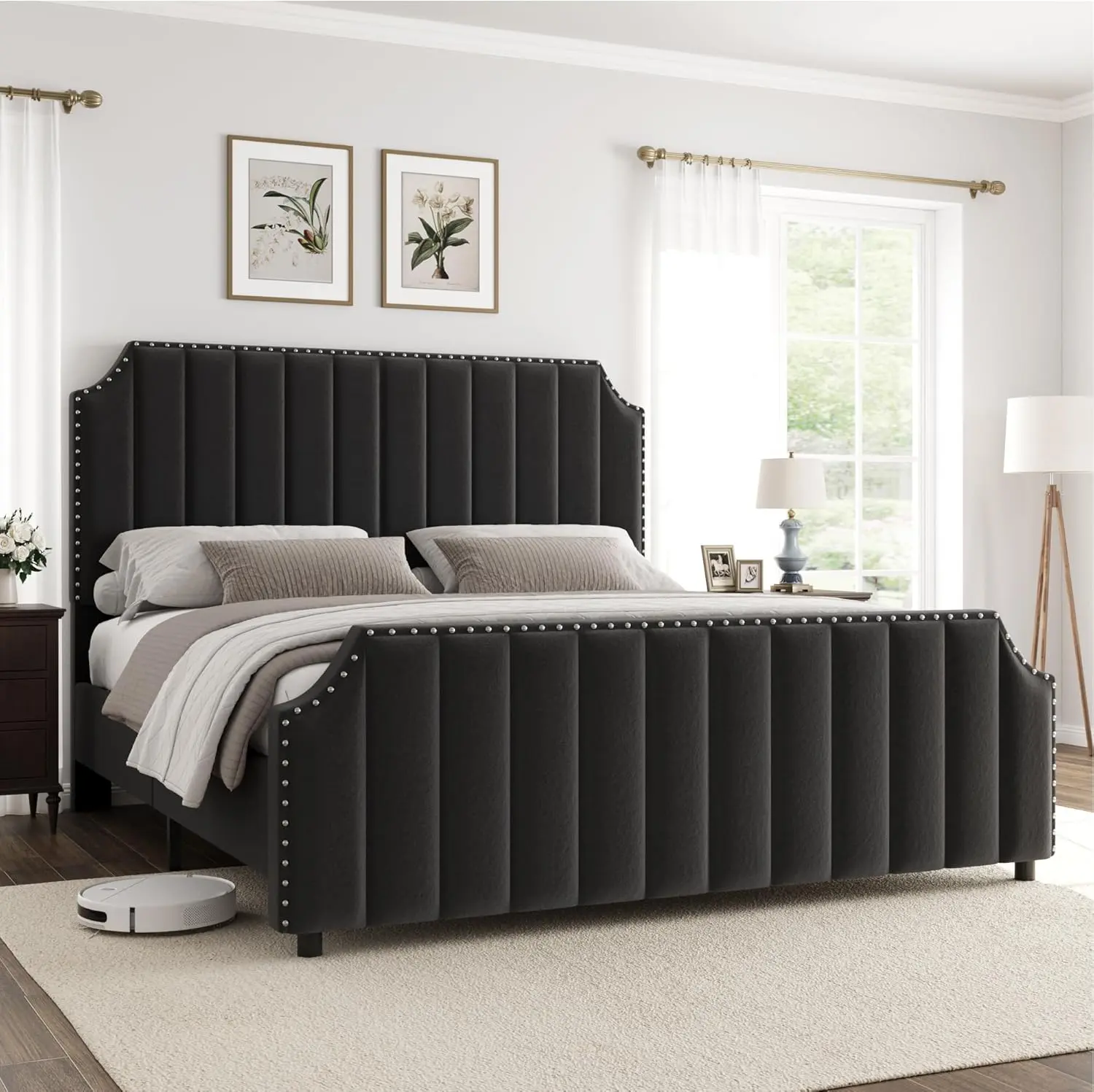 Queen Size Velvet Fabric Platform Bed Frame with 50 in Vertical Channel Tufted Headboard, Nailhead Trim Footboard, Wood Slats, Glam Look, Quick Setup, No Box Spring Needed, Black, Upholstered Bed Frames, Classic Bed Frames