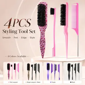 4PCS Professional Hair Styling Tools Set, Detangling Bristle Brush, Rat Tail Parting Comb & Edge Brush Kit for Slick Back, Braiding, Sectioning, Flyaway Smoothing, Edge Control, Salon & Daily Use