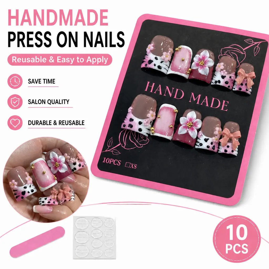 Women's Luxury Press-On Nails, Glossy French Tip Full Cover Fakes, Sweet Bow-Flower Design Reusable Nail Art Accessories for Daily & Party Use