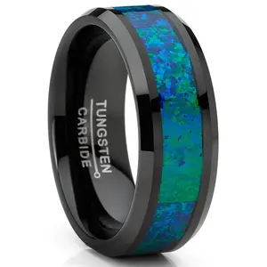 Men's Black Tungsten Carbide Wedding Band Ring Blue Green Crushed Opal 8MM Comfort-Fit