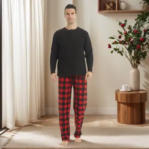 Button-Down Sleep Shirt & Plaid Pajama Pants Set for Men Soft Cozy Loungewear for Cool Weather Classic Fabric Menswear Long Sleeve Nightwear Thermal Henley Checked