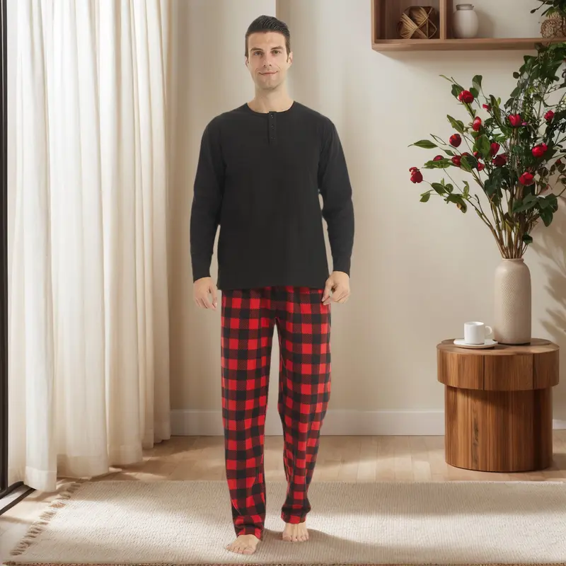 LANBAOSI Men's 2-Piece Thermal Long Sleeve Matching Pajama Set - Button-Down Lounge Top, Red and Black Plaid Pants, Soft Cozy Cool Weather Loungewear (Multi-Piece Men's Pajamas Sets)