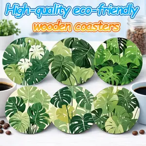 Aesthetic Monstera Wood Coasters Set of 6 – Tropical Non-Slip Heatproof Round Drink Mats for Home Coffee Bar – Boho Jungle Summer Vibes Decor – Cute Apartment Shelf Styling Accent Piece