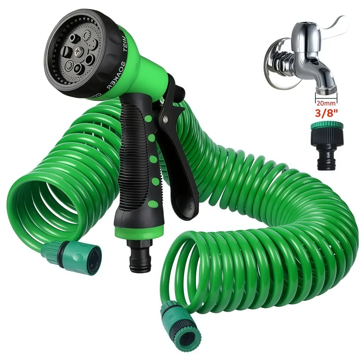 50 ft Coil Garden Hose, EVA Curly Water Hose with 3/8" Quick Connector & Faucet Connector, Recoil Garden Water Hose Retractable Corrosion Resistant, 7-Pattern Function Sprayer