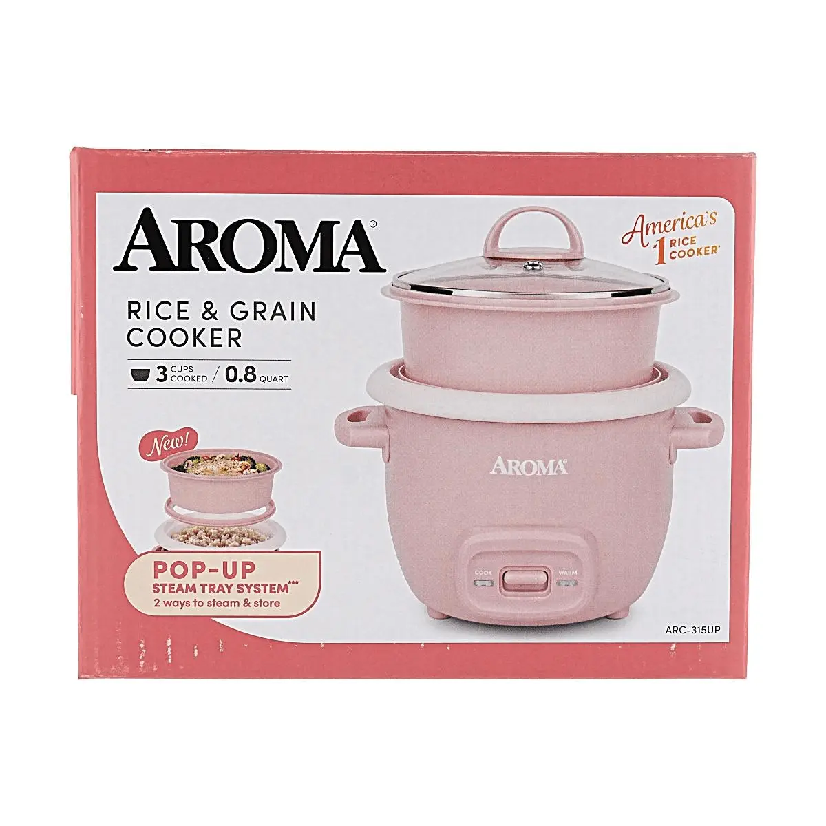 AROMA 3-Cup Mini Rice Cooker with Pop-Up Steamer Basket - 0.8QT Compact Electric Cooker for Rice, Steaming, and One-Pot Meals - Automatic Keep Warm, Creamy Pink