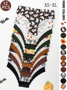 Women's Halloween Theme Panties Set, Casual Comfy Panties, Pumpkin Skull Pattern, Heart Pattern Brief, Slim Fit Design, Comfortable Everyday Underwear, Ideal for All Seasons, Panty Set
