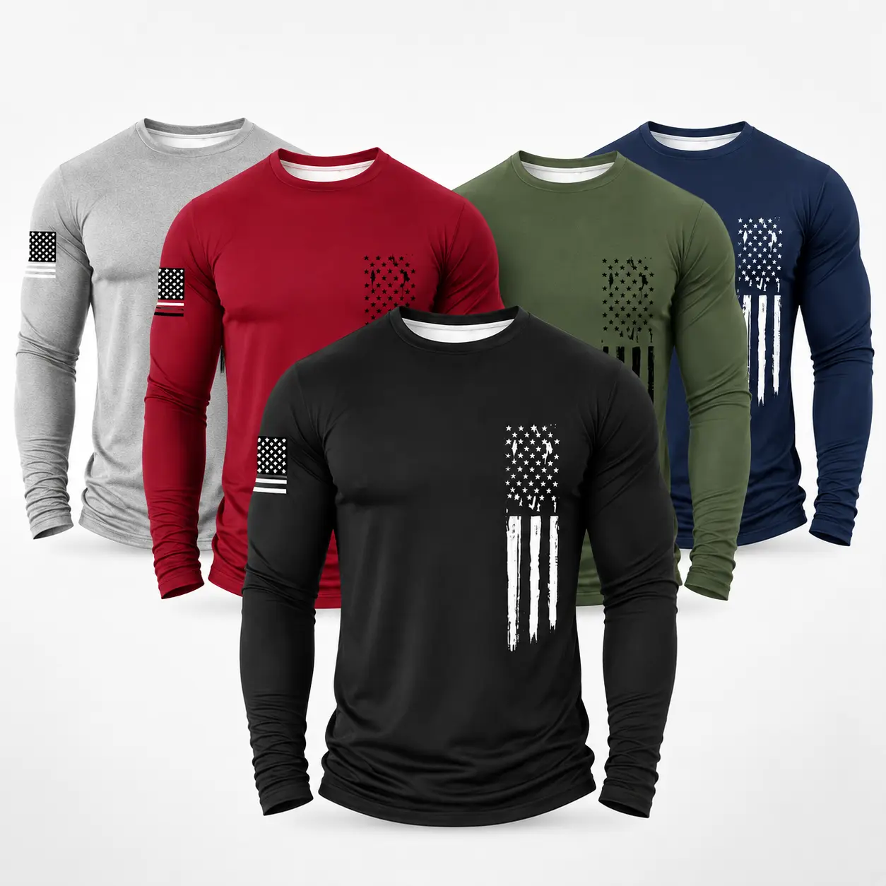 Men's 5 Pack Long Sleeve Work Shirts, 100% Polyester Quick Dry Moisture Wicking Crew Neck T-Shirts with Distressed Geometric Graphic Print for Outdoor Work, Hiking, Road Trips and Casual Everyday Wear