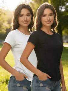 Women's Plain Short Sleeve T-Shirt Set, Round Neck Fitted Casual Top, Soft Stretch Basic Layering Tee for Spring Summer