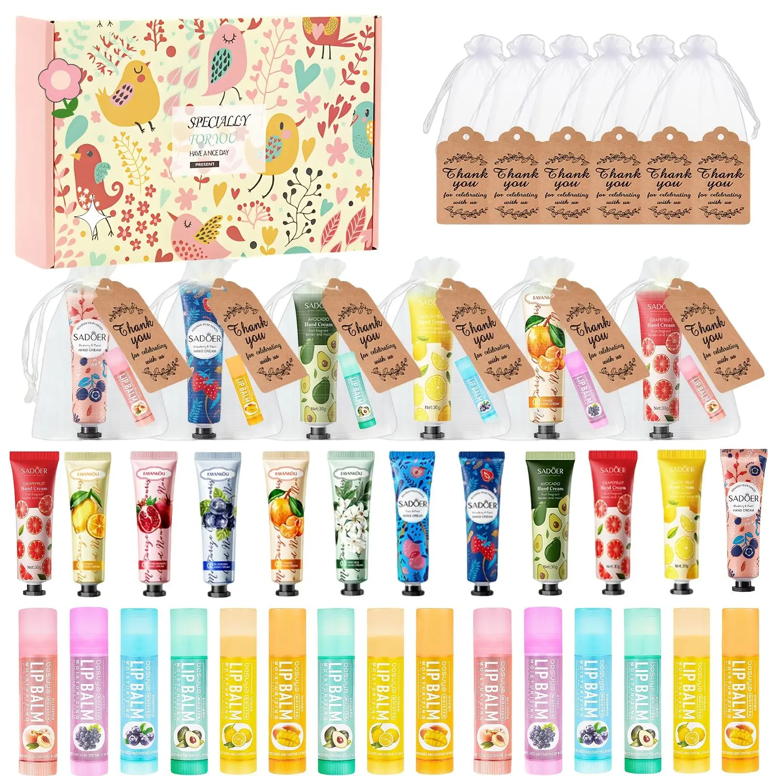 Sjopa 24 PCS Lip Balm & Hand Cream Gift Set, Hydrating Body Care Multi-pack with Glycerin for Smooth Skin, Appreciation Gifts for Adults