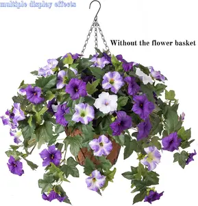 1pc Hanging Basket Artificial Flowers UV Resistant Fake Plants Outdoor Decor Real Touch Silk Morning Glory with Basket for Porch Patio Garden Fence Spring Summer Home Window Box Decoration (no vase)