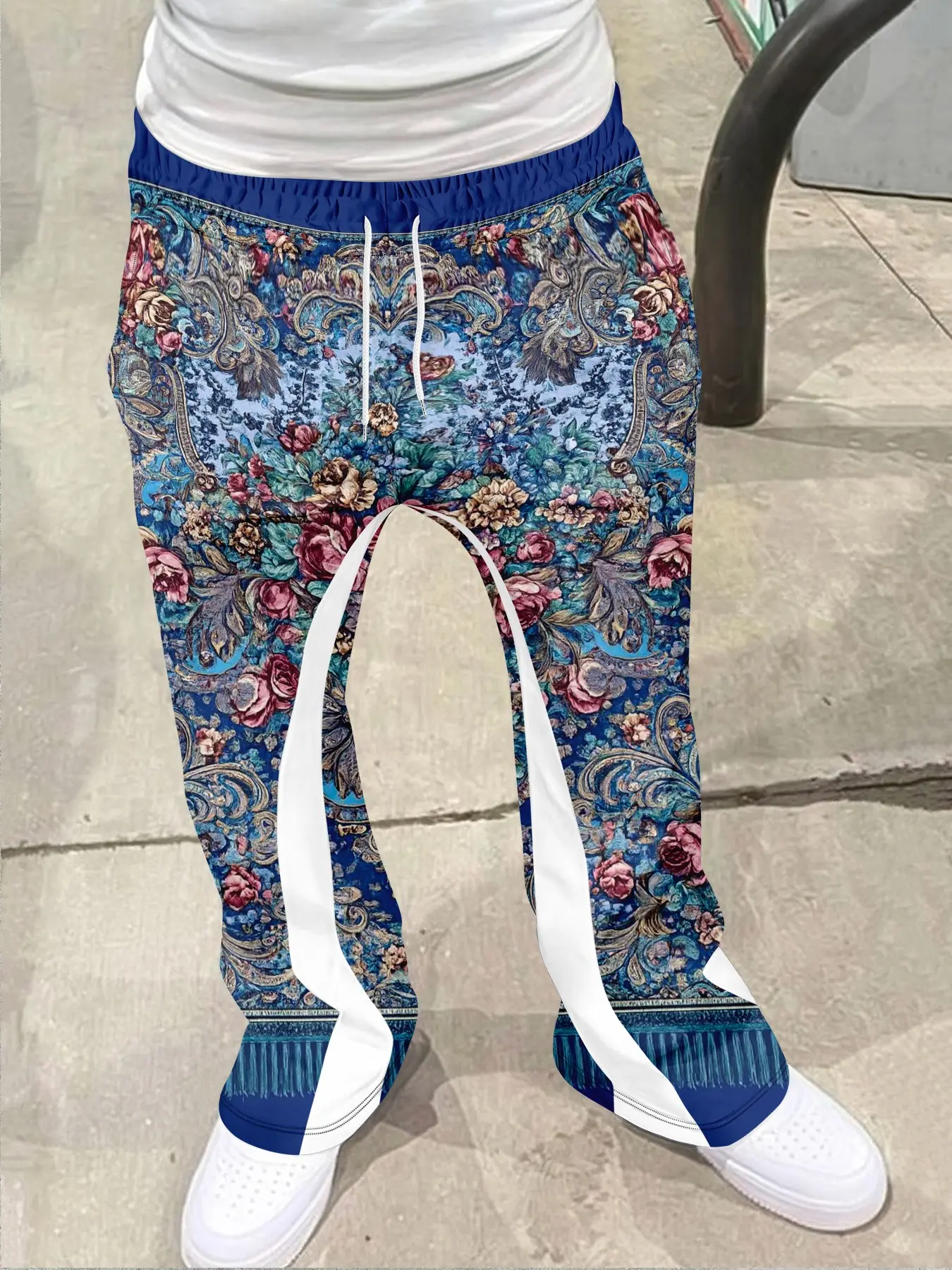 Men's Streetwear Vintage Fitted Flare Pants, American Style Floral Print Athletic Sweatpants, Dark Base with Complex Flowers, Side Stripes, Drawstring Design, Casual Comfy Sporty, Flares Sweatpants, Athleisure Style Pants