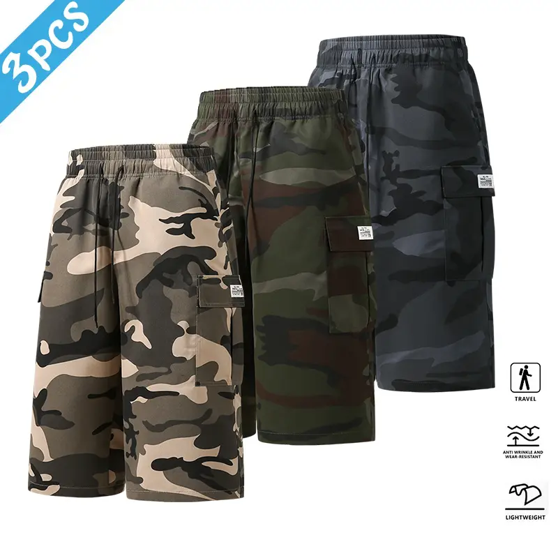Men’s 3-Pack Camouflage Cargo Shorts, multi-pocket design, drawstring waist, casual street-style shorts, suitable for everyday wear and urban outfits