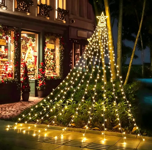 Christmas Star Waterfall String Lights, 11.8 ft Warm‑White LED Star Tree Topper Lights, 8 Lighting Modes Outdoor Festival Decor for Xmas Tree Yard Garden Home Wedding Party, Seasonal Decor