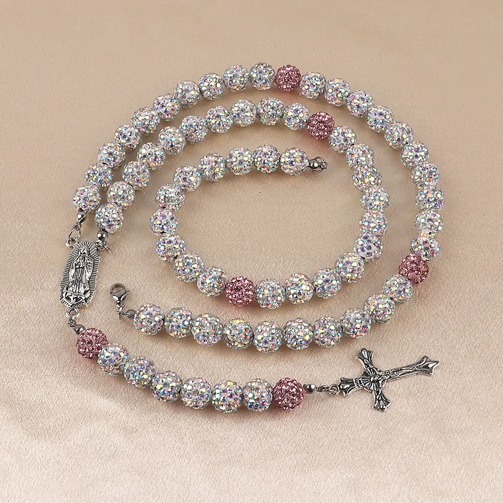 Prayer bead necklace pink+AB colored bea