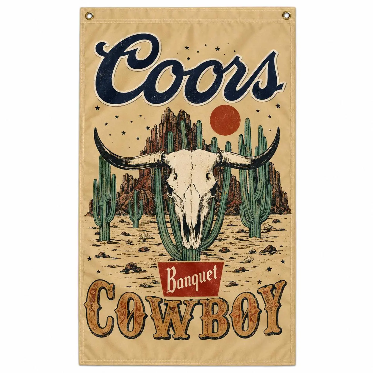 Coors Desert Flag 3x5 Ft, Vintage Western Longhorn Skull and Desert Cactus Banner, Rustic Wall Decor for Ranch, Cabin, Garage, Man Cave or Home Bar