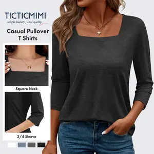 TICTICMIMI Women's Square Neck 3/4 Sleeve Tops Casual Pullover T Shirts Summer Basic Loose Fit Tunic Blouse Minimalist Womenswear