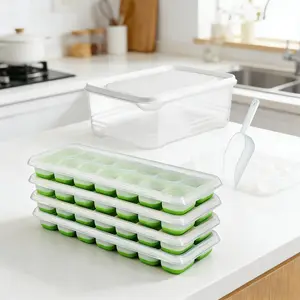 Cube of Ice Tray with Lid And Bin - 4 Pack Silicone Cube of Ice Trays for Freezer, Stackable Ice Bucket Kits with Storage Container & Scoop for Kitchen, RV, Cocktail, Coffee
