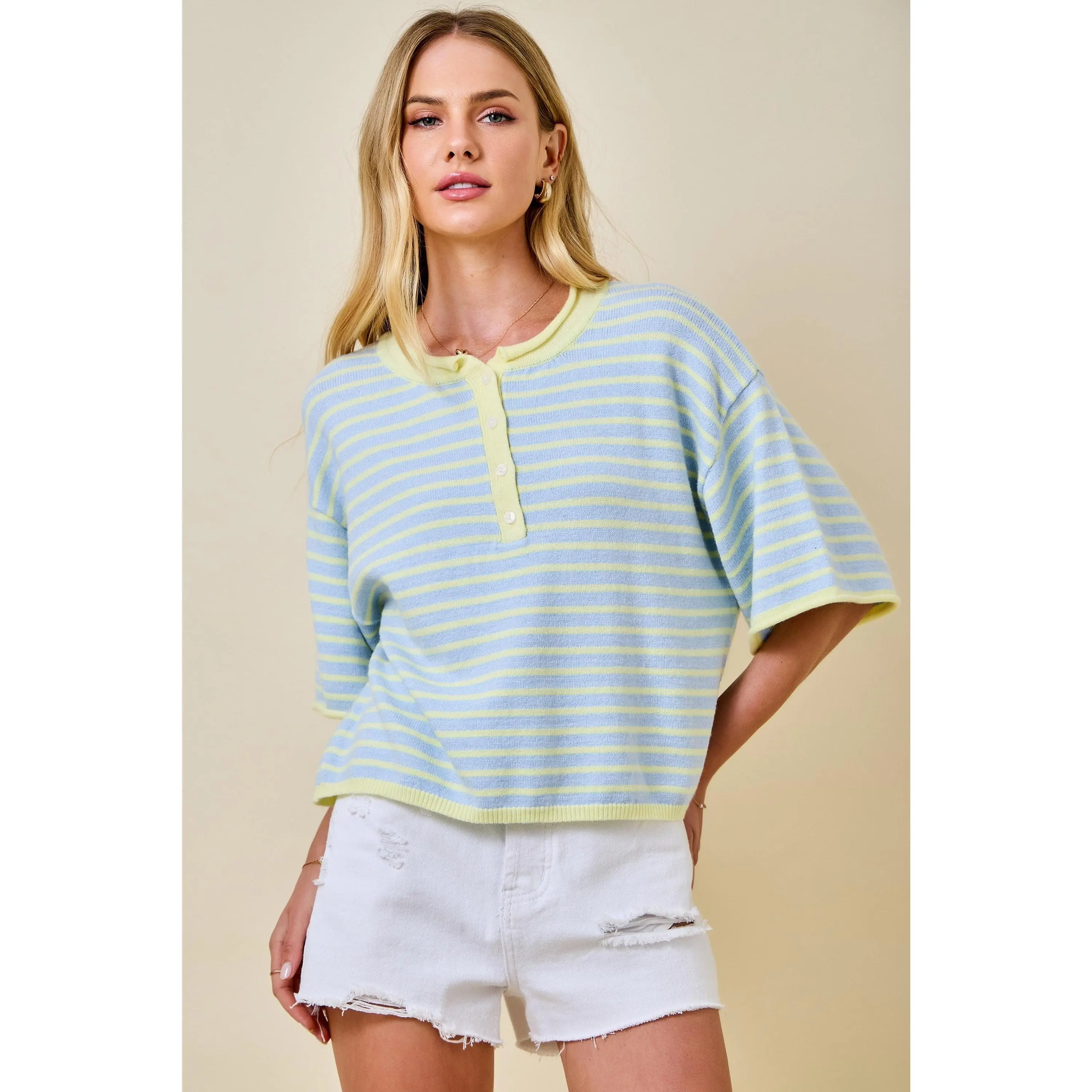 Striped Henley Knit Top-TPT