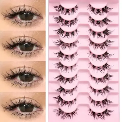 10 Pairs Cluster False Eyelashes Natural Look, Lightweight Anime Lash Extension Band, Transparent Stem Short Cat Eye Lashes Set, Cosmetic Eyelash Extension, Handmade Fake Eyelashes, Eyelash Clusters, Makeup Lash Clusters, False Eyelashes Extensions