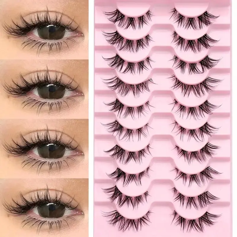 10 Pairs Cluster False Eyelashes Natural Look, Lightweight Anime Lash Extension Band, Transparent Stem Short Cat Eye Lashes Set, Cosmetic Eyelash Extension, Handmade Fake Eyelashes, Eyelash Clusters, Makeup Lash Clusters, False Eyelashes Extensions