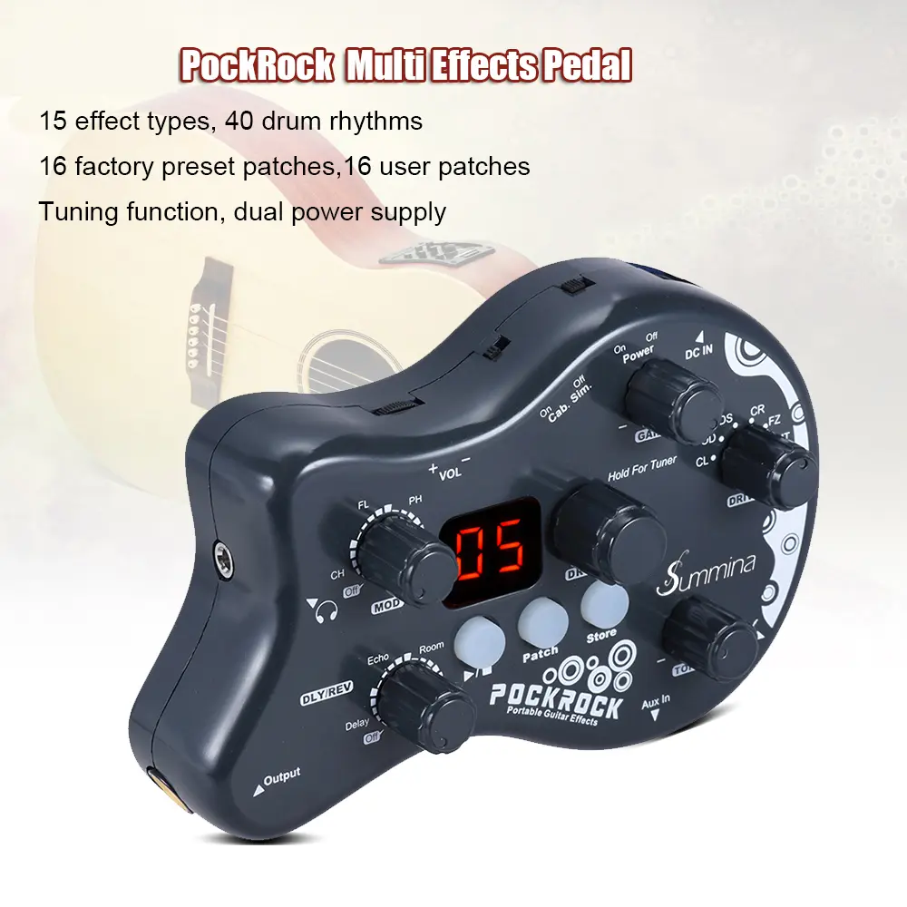 PockRock Portable Guitar Multi-Effects Processor Pedal, 15 Effect Types, 40 Drum Rhythms, Tuning Function, 1 Power Adapter, 1/4" Mono Jack, 13x8.5x3cm, 130g, 2 AAA Batteries