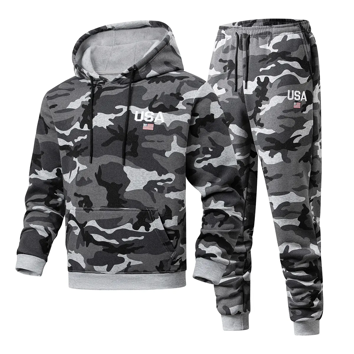 Men's 2-Piece Casual Camouflage Tracksuit - Long Sleeve Hoodie & Sweatpants Set with Grey Design, American Flag Novelty Print, Eye-Catching Text Decorations, Chic, Colorblock, Two-Pieces
