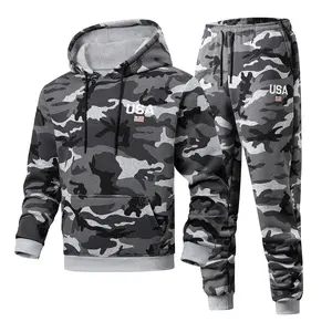 Men's Hoodie and Sweatpants Set: Printed style with American flag details - a coordinated casual outfit that blends bold patterns with eye-catching text decorations. Camouflage Grey men's sweatsuit set