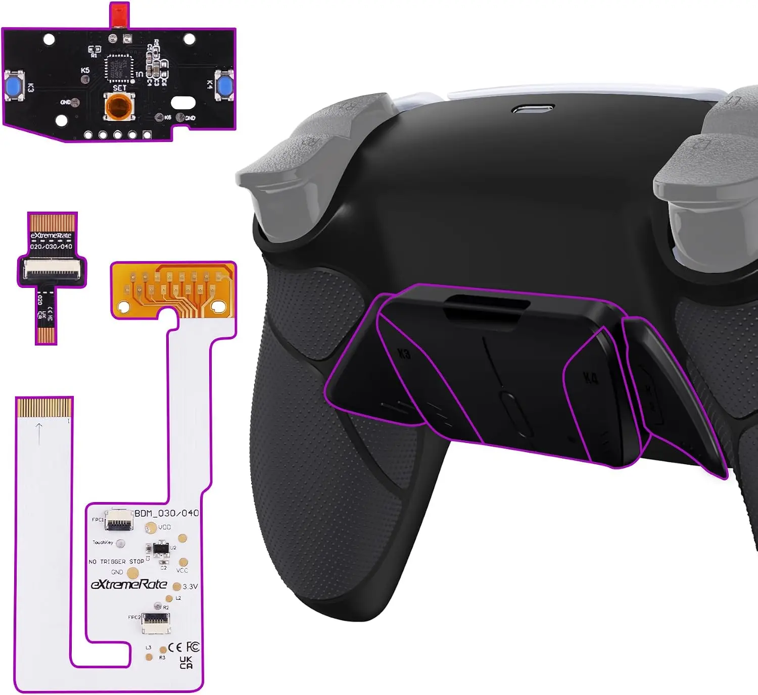 eXtremeRate Black Rubberized Grip Programable RISE4 V4 Remap Kit for PS5 Controller BDM-030 040 050 060, Upgrade Board, Redesigned Black Back Shell, 4 Back Buttons for PS5 Controller - NO Controller
