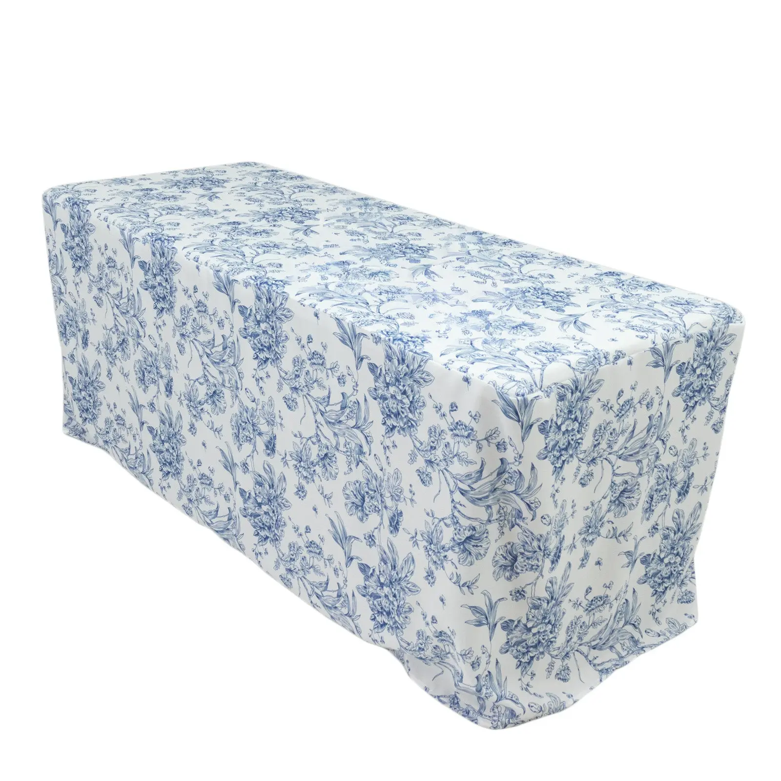French Toile Fitted Rectangle Table Cover - 6ft Blue & White Washable Polyester Large Outdoor Tablecloth, Wrinkle-Resistant, Machine Washable for Weddings, Washable Table Cover