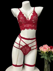 Women's Lace Transparent Lingerie Set, Sexy Three-Piece, Shirt Dress & Leg Tie Shorts, Seductive Date Night Wear