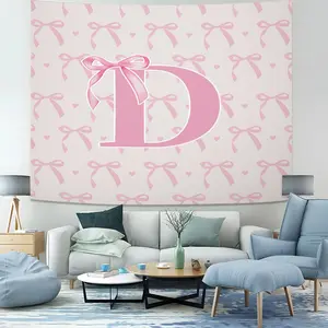 ink Bow and Letter D Decorative Background Wall Tapestry, Light Pink Digital Print Featuring a Repeating Pattern of Pink Bows and Small Heartstapestry, Whimsical Wall Hanging  Bedroom Decor,Playful Home Aesthetic Wall Art,Cozy Heart Rustic Warming Vibes