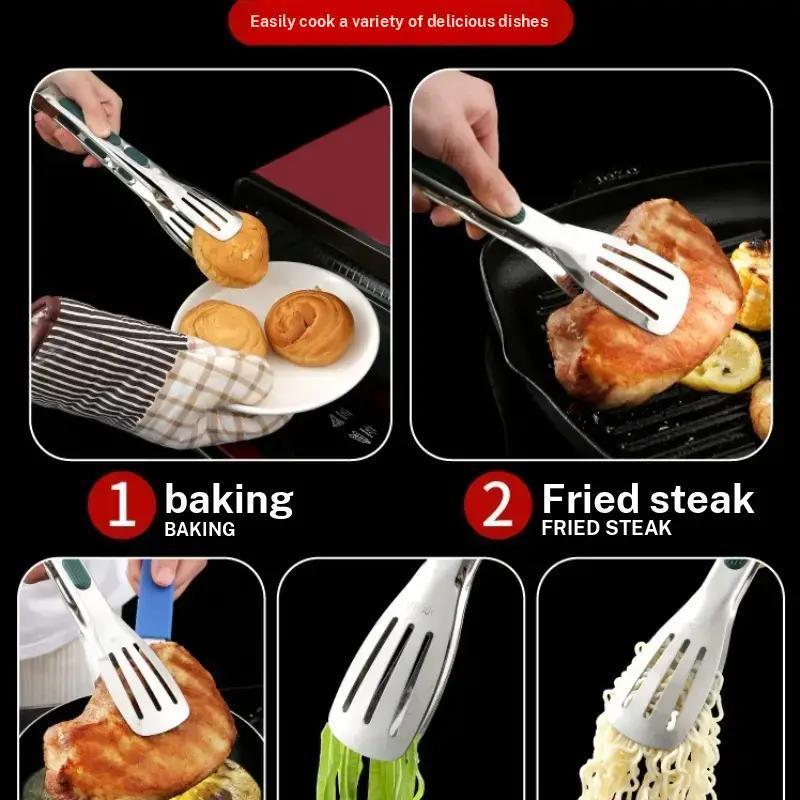 Stainless Steel Kitchen Tong Set - Anti-Slip Heat-Resistant Grip, Widened 3-Line Slotted Heads for Easy Clamping (Steaks, BBQ, Pasta, Salads), Easy Clean for Versatile Use Set of , Green