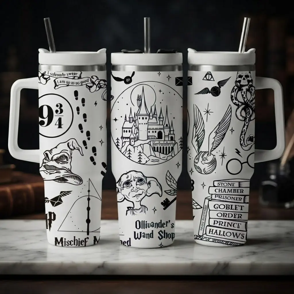40 oz Magic Theme Tumbler, Fantasy Book Series Insulated Travel Mug with Handle & Straw Lid, Wizard Cup