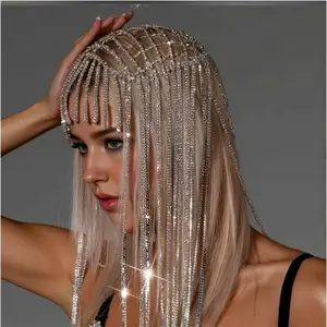 Super Shiny Full Diamond Tassel Hair Accessory - Bedazzle, Bridal, Chain Headband, Crown, Crystal Embellishments Headpieces, Luxurious Elegant Bridal Wedding Headwear, Long Hair Chain for Stage & Banquet, Bedazzle Headpieces