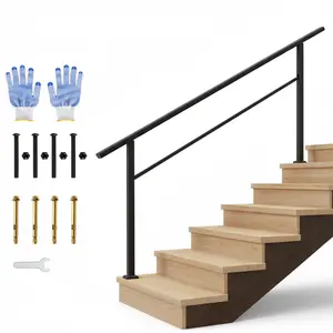 Outdoor Handrail for Steps, 6 Step Stair Handrail & Indoor Stair Railing Kit, Black Aluminum Railing with Iron Poles for Outdoor Indoor Steps & Porch, Includes Gloves (1 Pack)