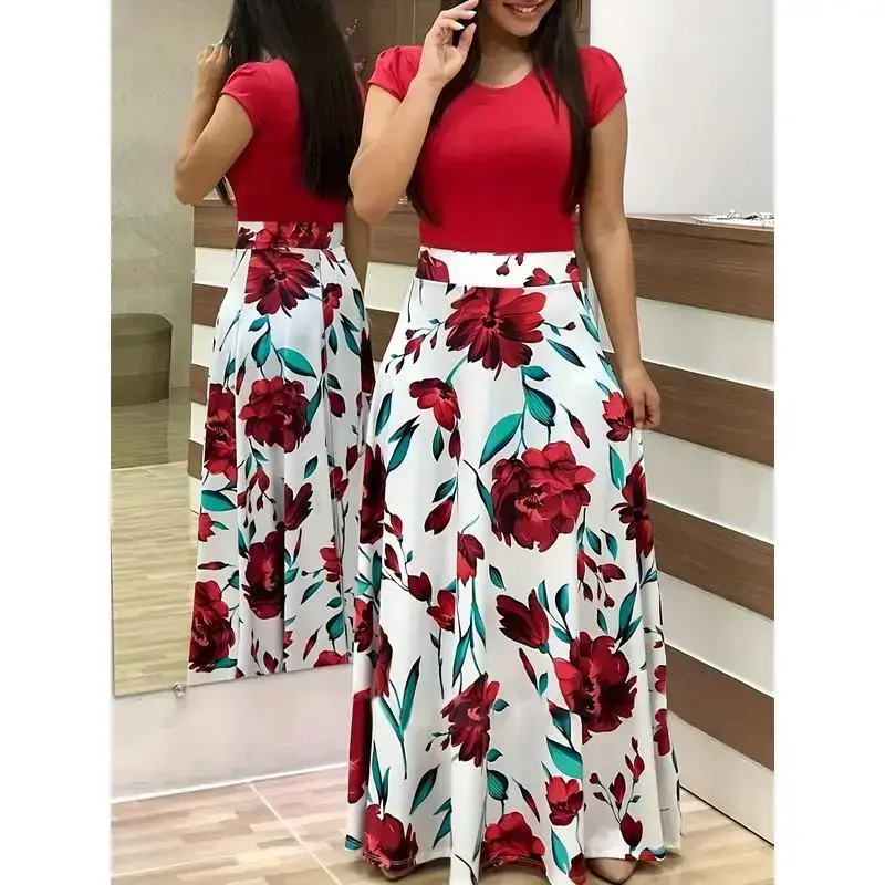 Women'S Plus Size Floral Print Colorblock Midi Dress with Short Sleeves - Elegant Crew Neck, Medium Stretch Polyester Fabric, All-Season Wear Women'S Plus Size Floral Print Colorblock Midi Dress with Short Sleeves - Elegant Crew Neck, Medium Stretch Polyester Fabric, All-Season Wear
