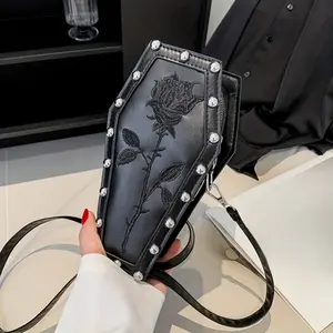 Mini Dark Crossbody Coffin Shaped Novelty Bag, Women's Goth Horror Handbag & Shoulder Purse For Halloween