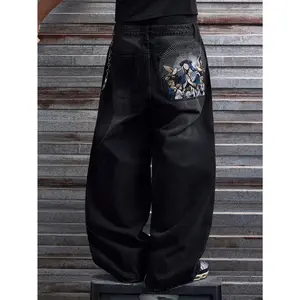 Men's High Cotton Virgin Mary Figure Embroidery Baggy Jeans, Black Vintage Washed Wide Leg Denim Pants, Streetwear Hip Hop Loose Fit Casual Trousers for Men