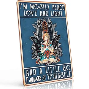 "I'm Mostly Peace Love and Light - And a Little Go F Yourself" 8x12 Inch Aluminum Metal Sign - Boho & Spiritual Wall Decor for Yoga Studio, Meditation Room, Bedroom, and Home - Retro Vintage Tin Poster with Whimsical Yoga Illustration