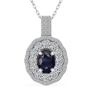 Premium Blue Sapphire and Luxuriant Lab Grown Diamond SI 1.65 ctw Crown Radiance Pendant Necklace in 10K White Gold 18 Inches Christmas Gifts