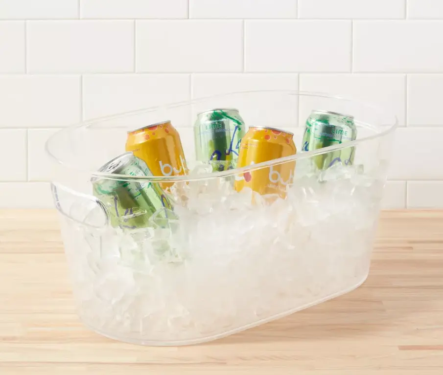 Clear Plastic Ice & Drink Bucket with Handles, Dishwasher Safe Oval Beverage Tub, Large Capacity Cooler Bucket for Party, BBQ, Picnic, Home Bar & Outdoor Entertaining