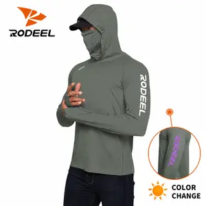 【RODEEL】936 Sun Hoodie Shirts w/ UV Detection Logo Mask Neck Gaiter Thumbhole Men UPF 100+ Sun Protection Long Sleeve Lightweight Quick Dry Moisture Wicking Breathable Cooling Athletic Activewear for Outdoor Fishing Boating Framing Roofing summervibes