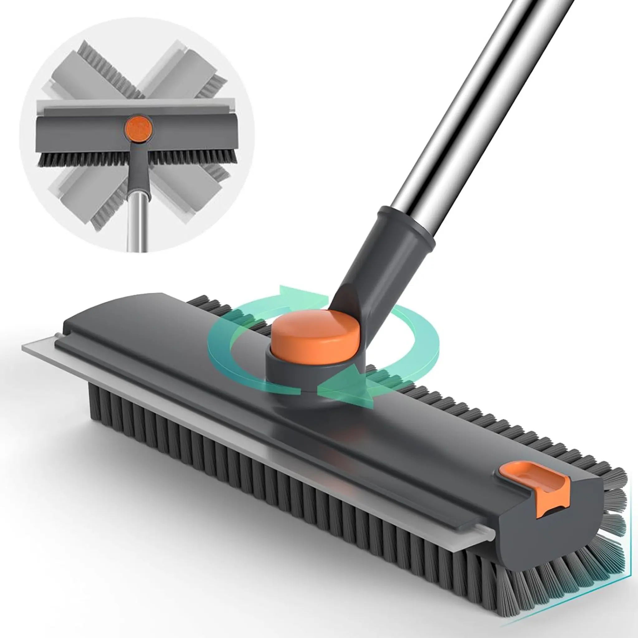 3-in-1 Double-Sided Floor & Bathtub Scrub Brush with Long Handle, Heavy-Duty Stiff Bristles & Squeegee – Clean Shower, Bathroom, Patio, Kitchen, Wall, Garage, Deck. Home Cleaning Essential.