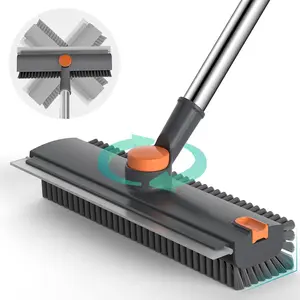 3-in-1 Double-Sided Floor & Bathtub Scrub Brush with Long Handle, Heavy-Duty Stiff Bristles & Squeegee – Clean Shower, Bathroom, Patio, Kitchen, Wall, Garage, Deck. Home Cleaning Essential.